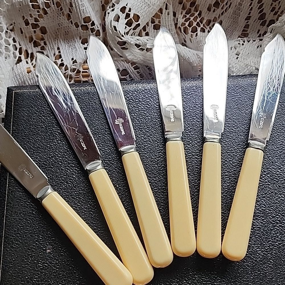 Vtg Faux Ivory Handles Original Box Fish Knives/Forks Set
